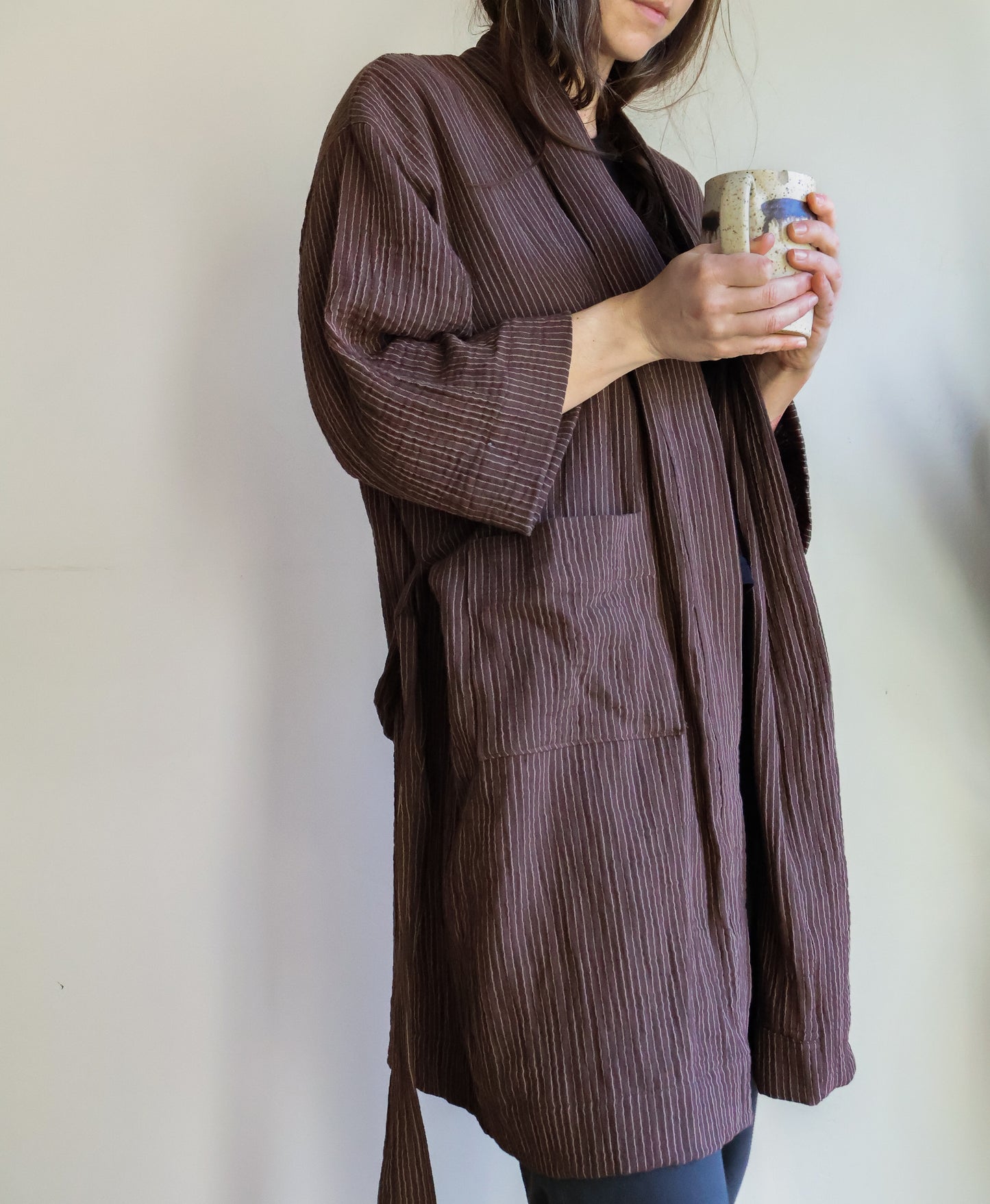 Organic Cotton Gauze Robe Brown Mill Stripe