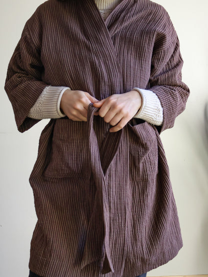 Organic Cotton Gauze Robe Brown Mill Stripe
