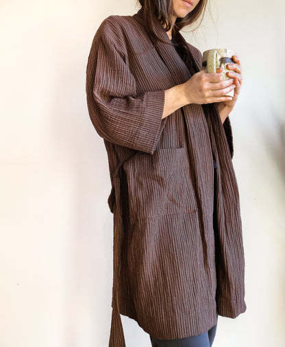 Organic Cotton Gauze Robe - Brown Mill Stripe